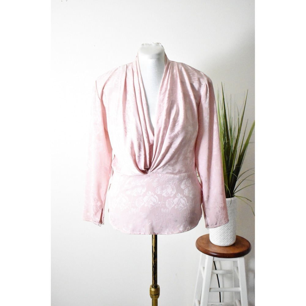 JH Collectibles Blouse Womens 8 Pink 80s Vintage Floral Jacquard Draped Surplice